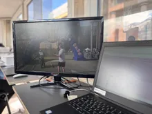 The Red Bull finish arch on the graphics preview monitor