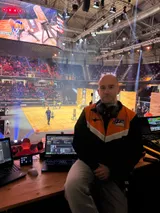 Tobias Däuber at the production desk above the arena at a STIHL Timbersports event