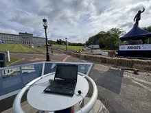 A results laptop beside the judges' area at Red Bull Soapbox Race Belfast