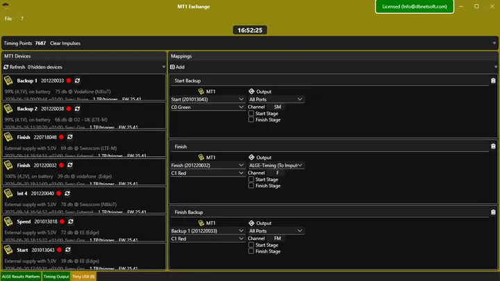 MT1 Exchange showing live MT1 device status and start/finish channel mappings