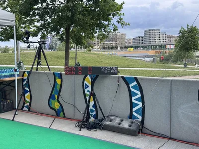 A remote display board driven by RemoteRedirect at a riverside venue