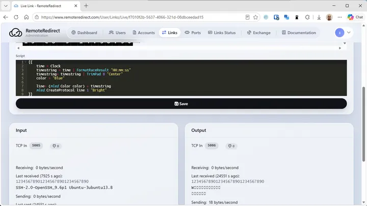 RemoteRedirect live link view with the display script and its input and output connections