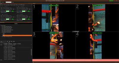 Four synchronized camera views judging a swimming relay takeover