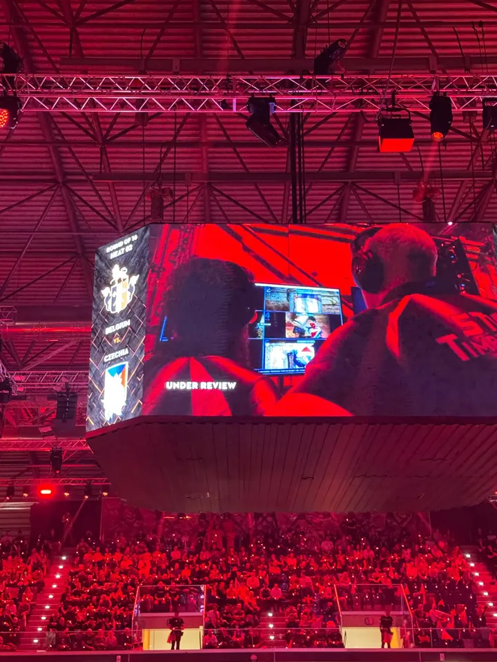 A STIHL Timbersports arena screen showing a video review in progress